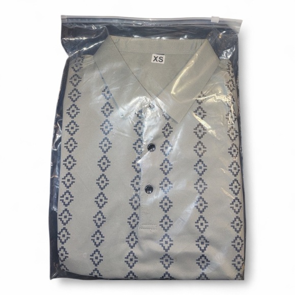 Men's Geometric Pattern Polo Shirt - Beige and Blue - Picture 2 of 2